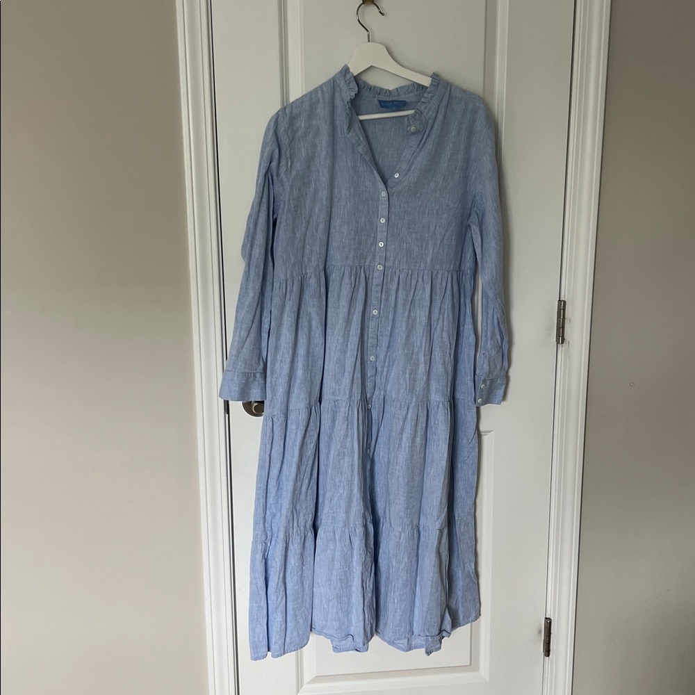 Alice Walk Blue Linen Cotton Tiered Midi Dress XL in Blue Chambray